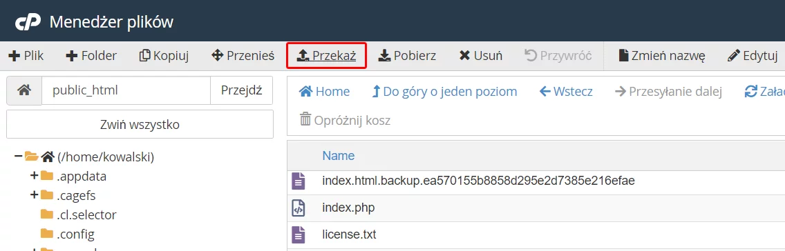 Aby wysłać pliki na serwer, kliknij przycisk: Przekaż w górnej części ekranu.