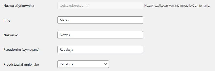 Edytuj dane o użytkowniku - edytuj pole Przedstawiaj mnie jako, aby podać nazwę autora