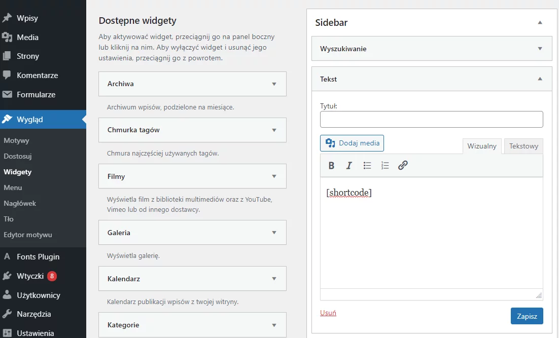 Widok opcji dodawania widgetów WordPress Wstawianie nowego widgetu tekstowego pozwoli Ci na dodanie shortcode do strony internetowej
