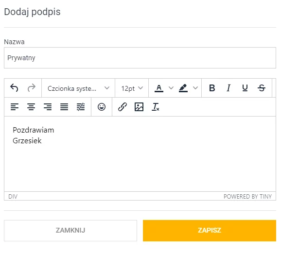 Ustawienia nowego podpisu do wiadomości w ustawieniach Onet Poczta Ustaw nazwę i treść podpisu. Skorzystaj z edytora wizualnego aby dodać odnośniki i grafiki wraz z tekstem
