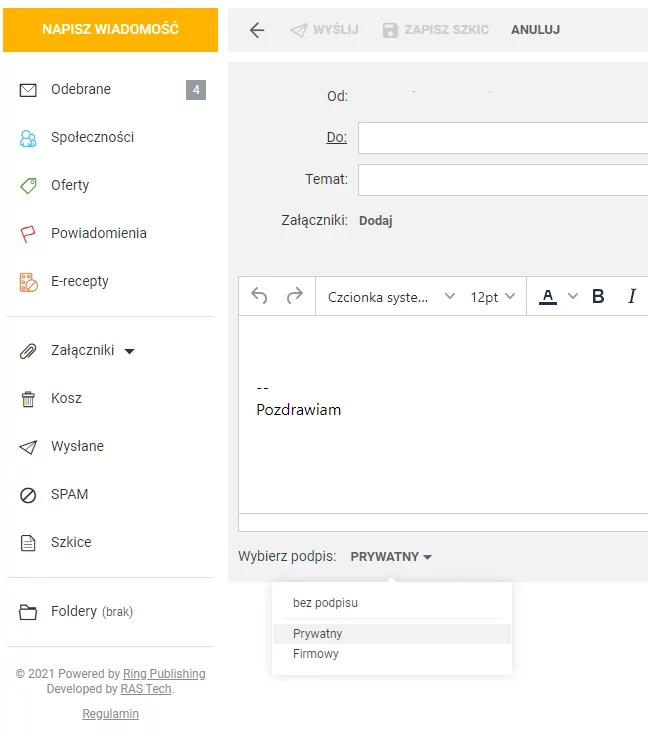 Nowa wiadomość Onet Poczta > wybierz podpis Podczas redagowania nowe wiadomości e-mail możesz wskazać z którego podpisu chcesz skorzystać