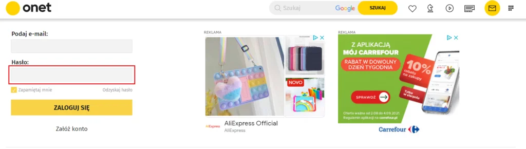 Gdzie wpisać hasło przy logowaniu się do Onet Poczta?