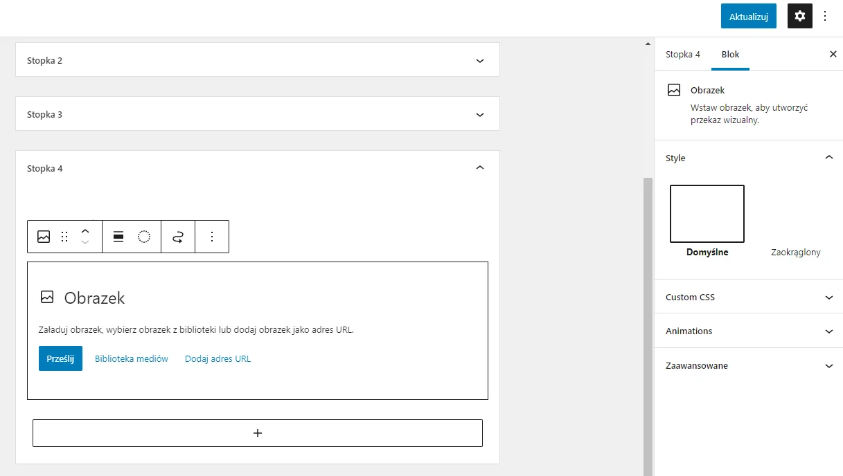 Widok edycji bloków widżetów WordPress Edytuj zawartość bloków widżetów i zaktualizuj zmiany aby zachować je