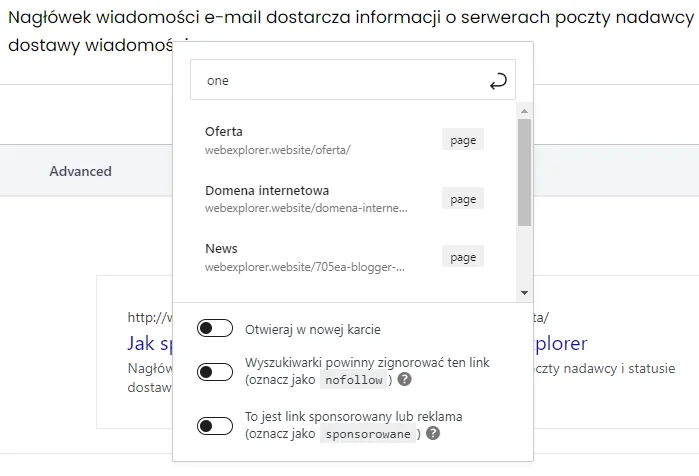 Linkowanie wewnętrzne w WordPress Wprowadź nawę strony lub wpisu, aby wyszukać ją wewnątrz CMS WordPress