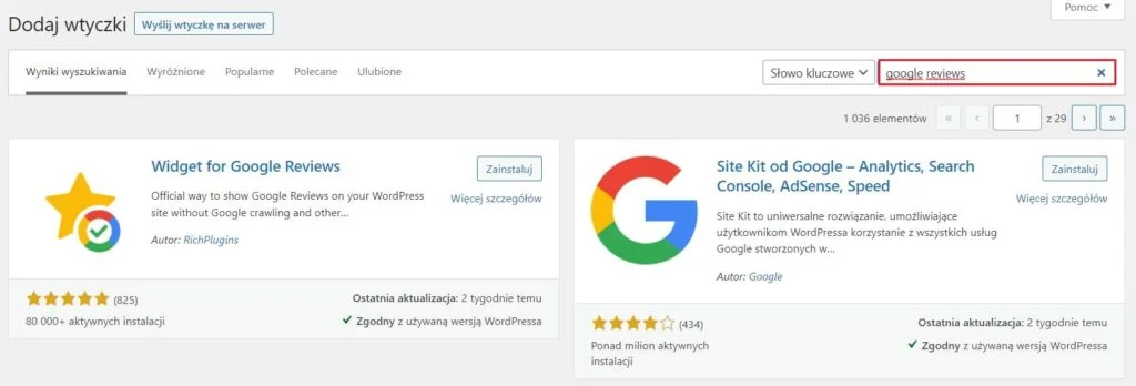 Wyszukiwanie wtyczki WordPress do opinii Google Jak wyszukać wtyczkę do opinii Google dla WordPress?