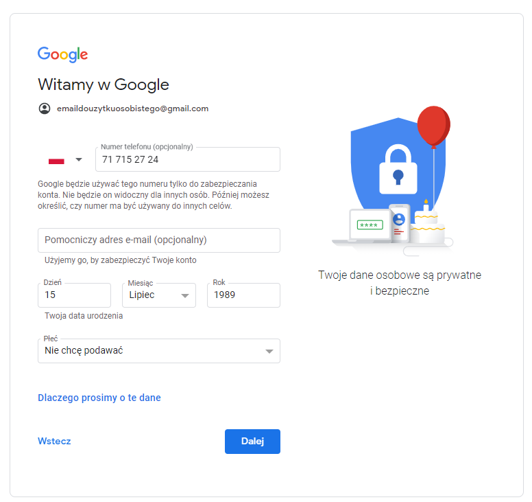 Dodatkowy formularz rejestracyjny Gmail