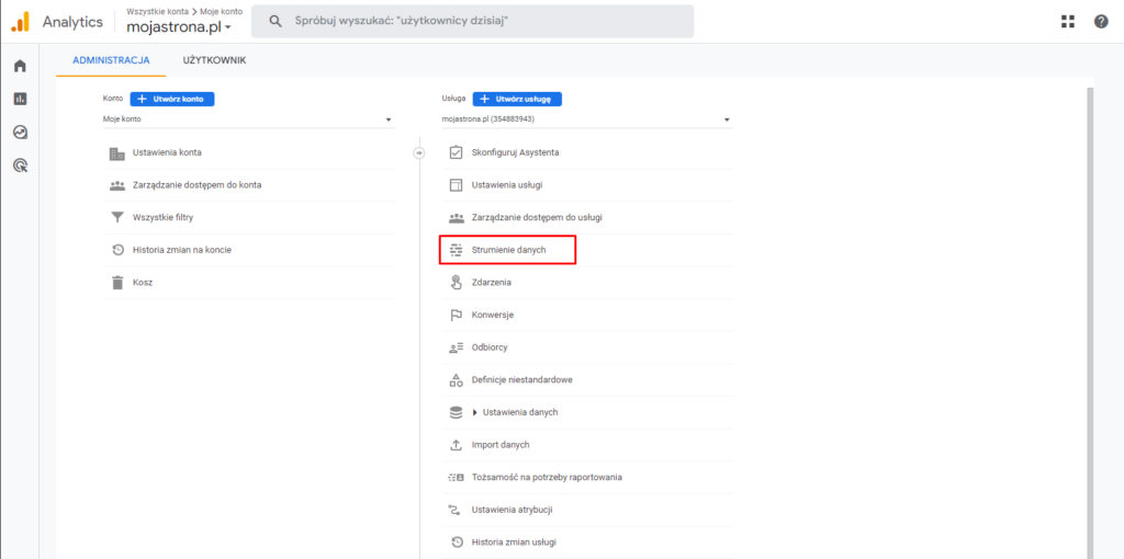 Strona z zakładką Strumienie danych