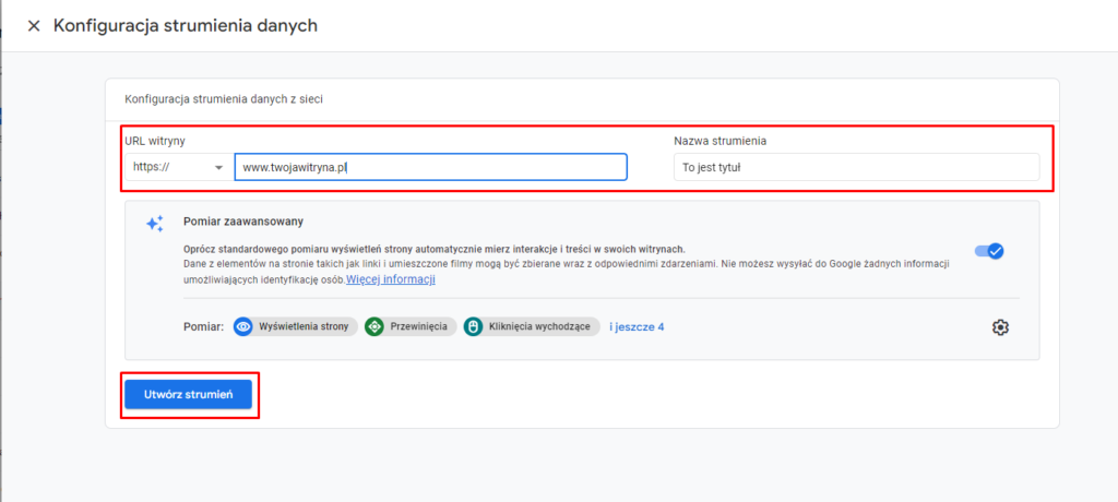 Konfiguracja strumienia danych z sieci