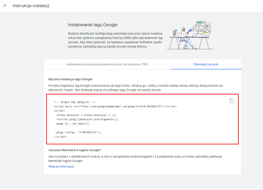 Wygenerowany kod śledzenia Google Analytics