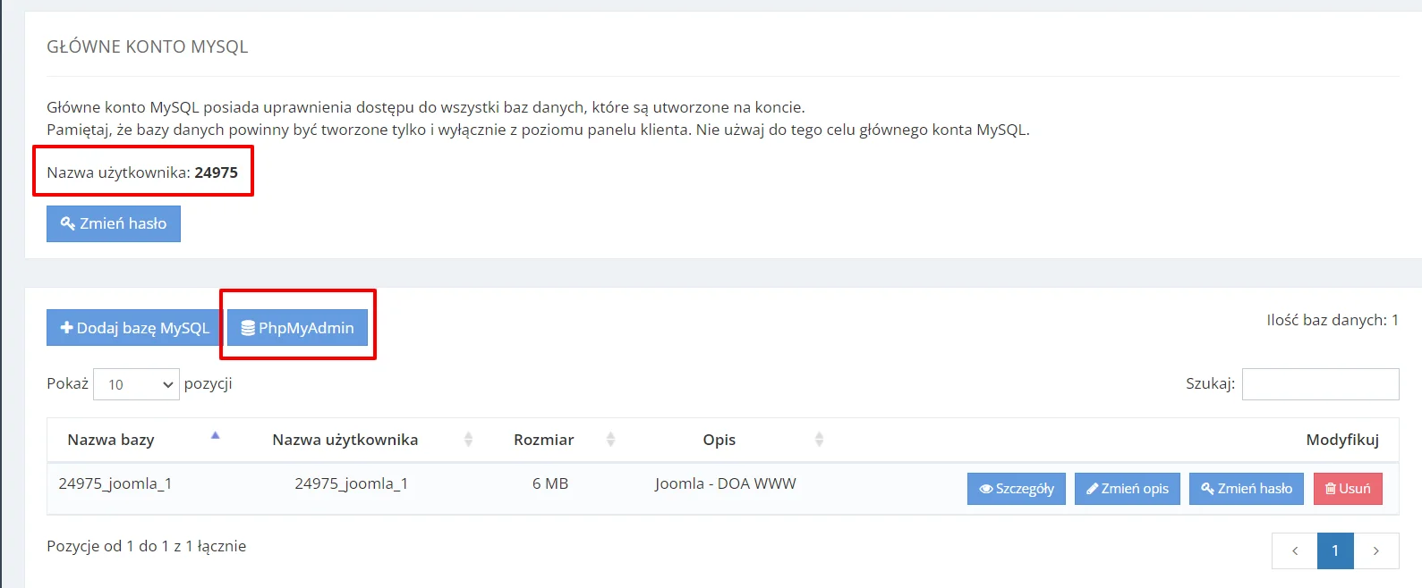 Z zakładki Bazy danych odszukaj nazwy użytkownika
