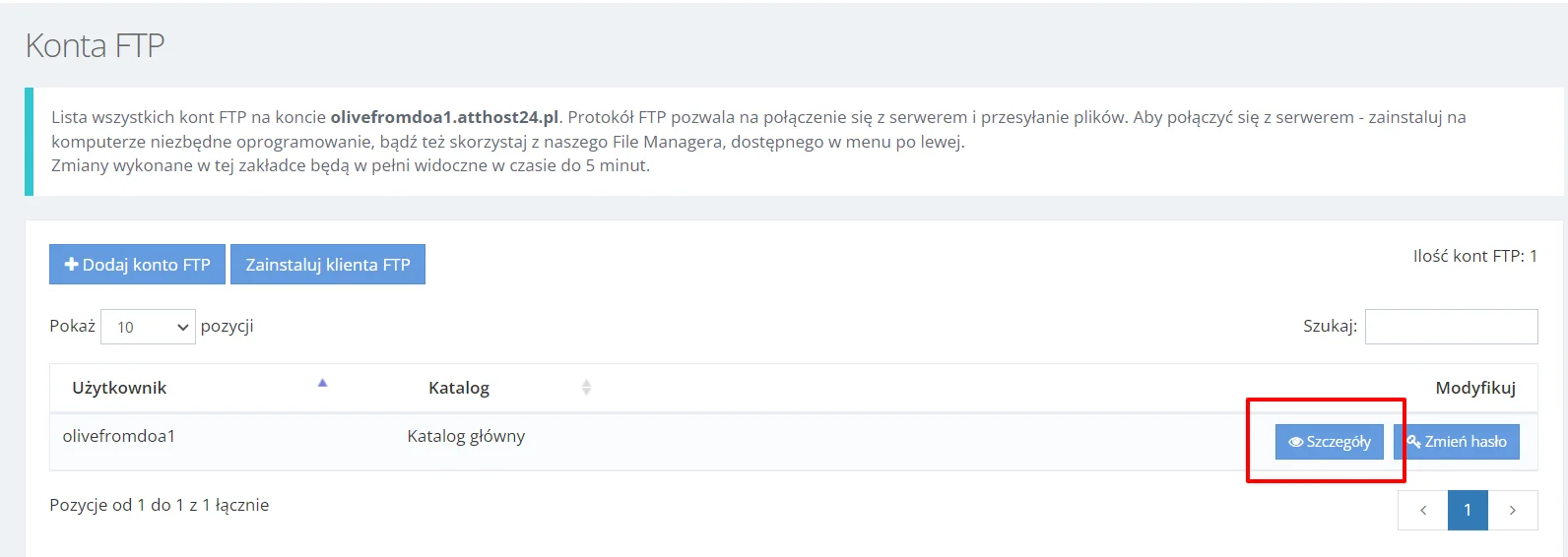 Wejdź w szczegóły swojego serwera Lista serwerów w Panelu atthost.pl